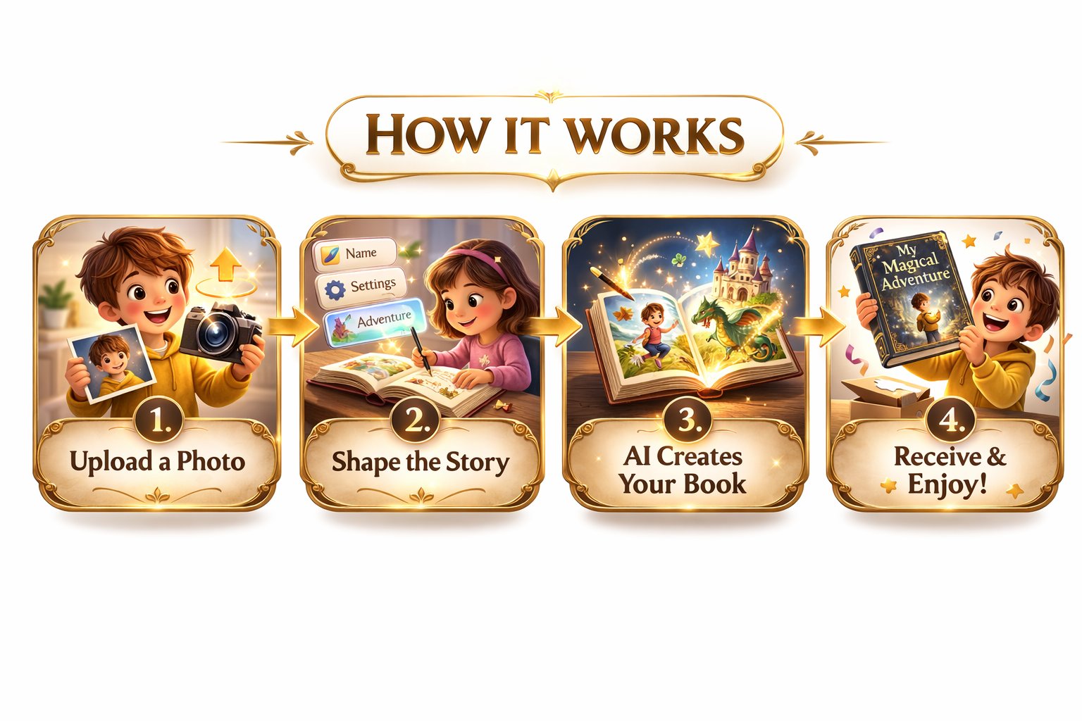 How it works: Upload photo, Shape the story, AI Creates your book, Receive and enjoy