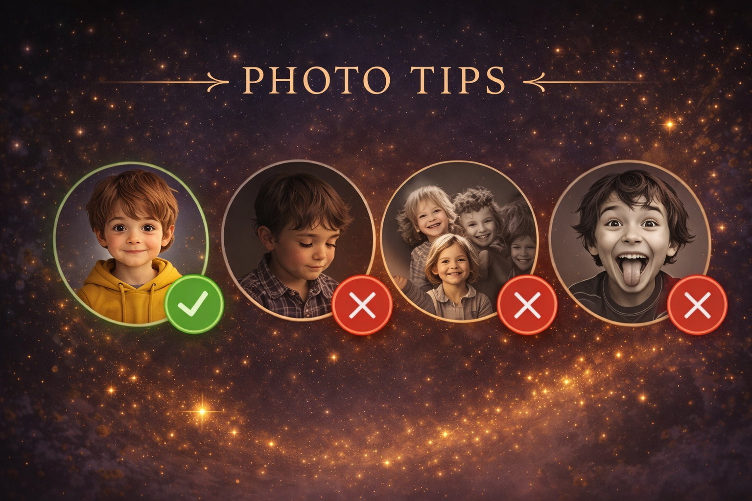 Photo tips: clear face, avoid dark photos, group photos, and funny faces